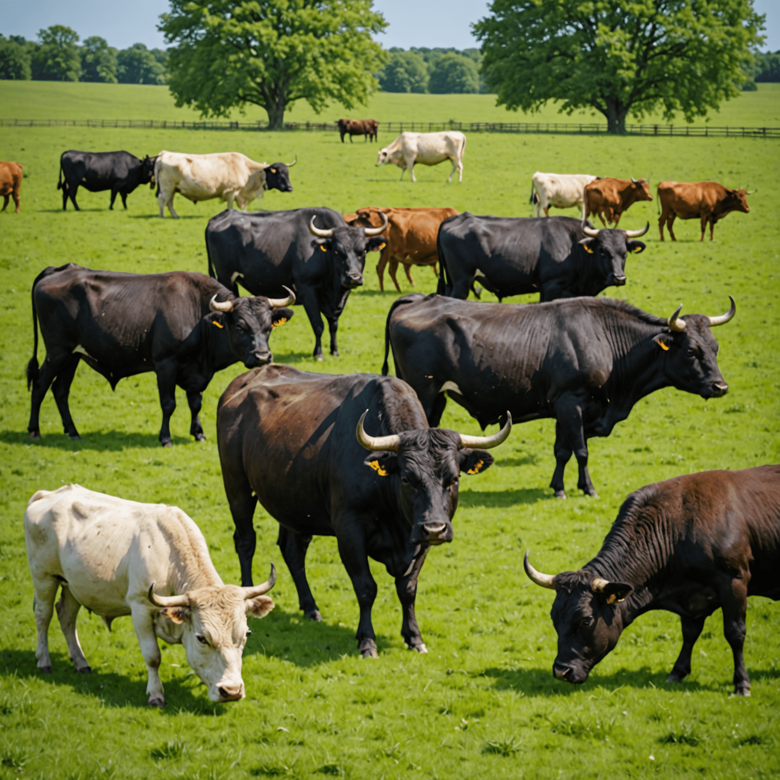 A herd of strong, healthy Bullx grazing in a lush green pasture. The animals have sleek coats and muscular builds, showcasing the high quality of our breeding program.