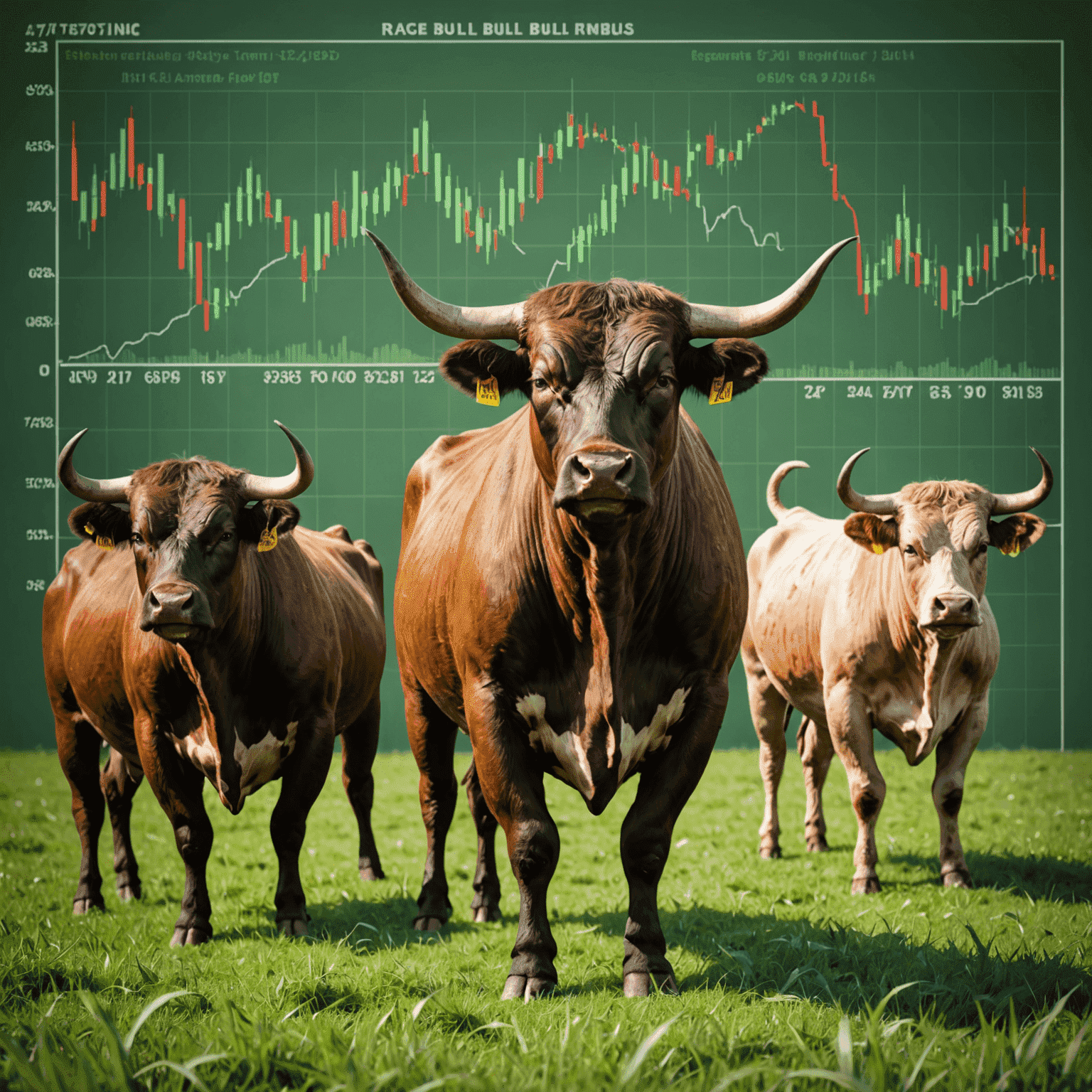 A group of muscular farm bulls standing in a lush green field, with stock market charts and upward trending arrows superimposed in the background, symbolizing the thriving bull market in the farm bull industry