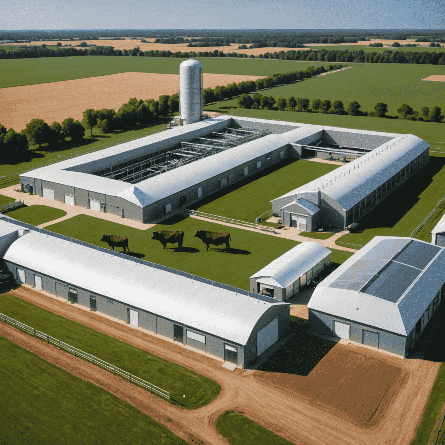 A modern farm facility with advanced bull breeding technology, showcasing state-of-the-art genetic testing equipment and comfortable bull housing