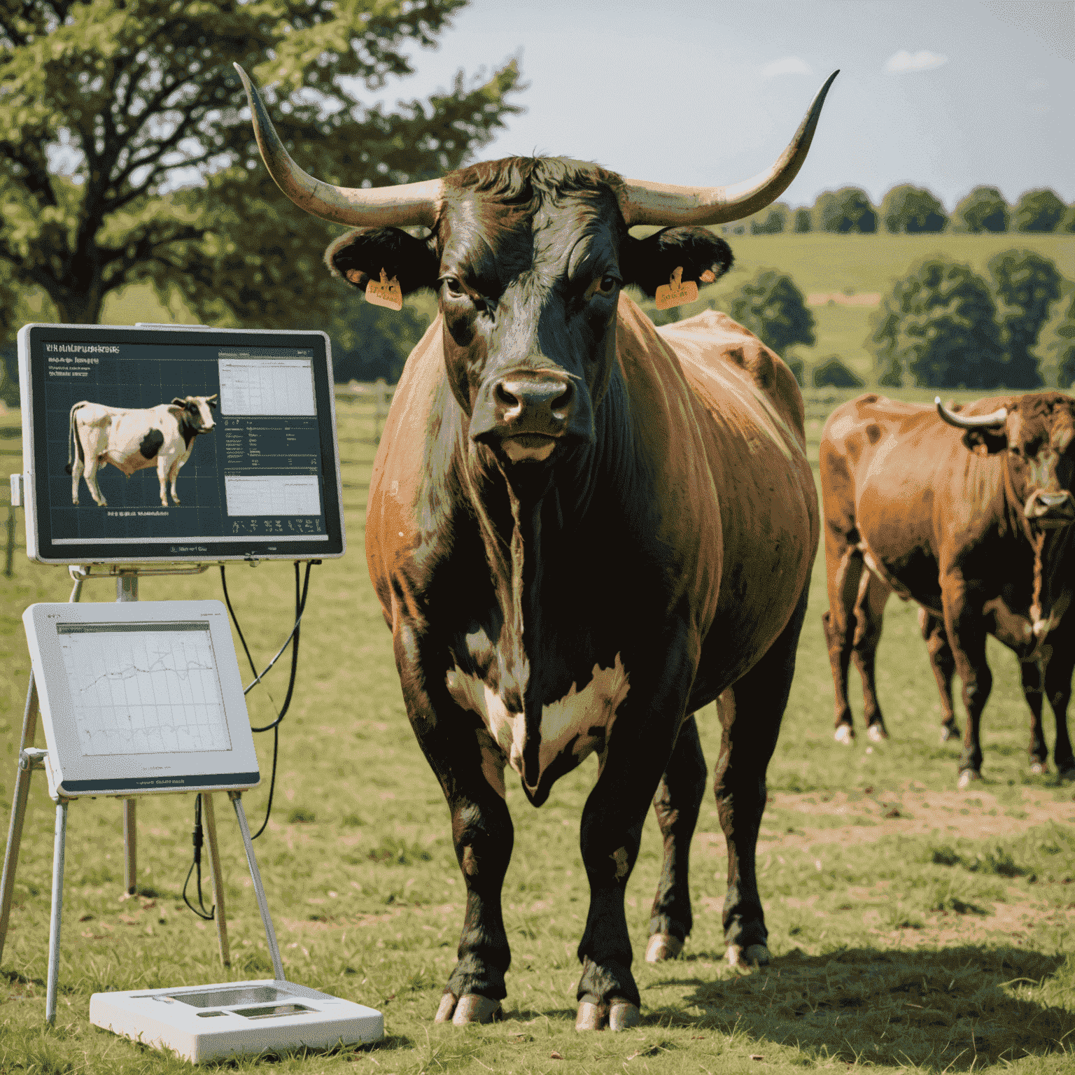 A bull standing in a field with artificial insemination equipment visible. Genetic charts and bull pedigrees in the background.