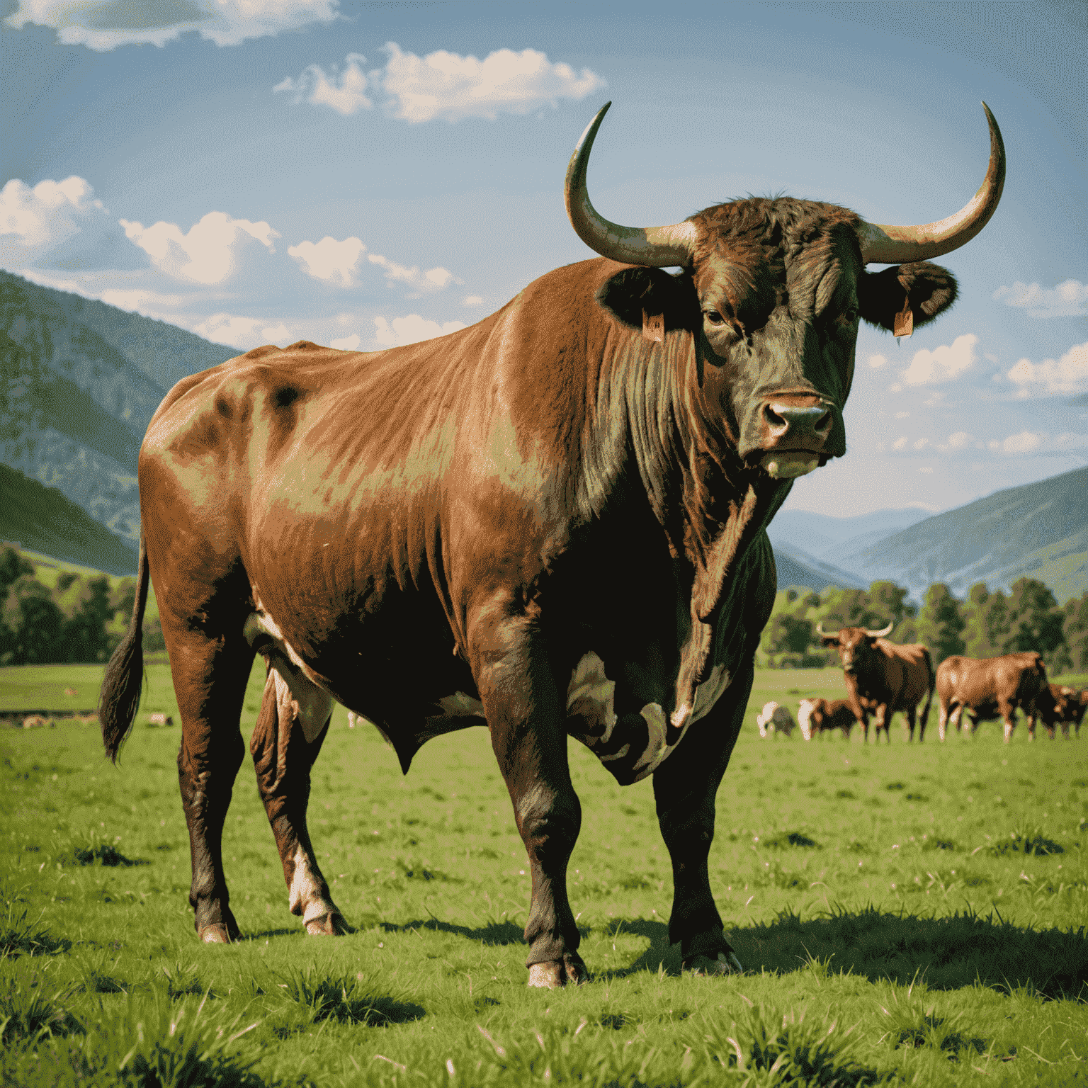 A majestic bull standing in a lush green field, showcasing its impressive stature and muscular build. The image represents the high-quality bulls used in our breeding program.