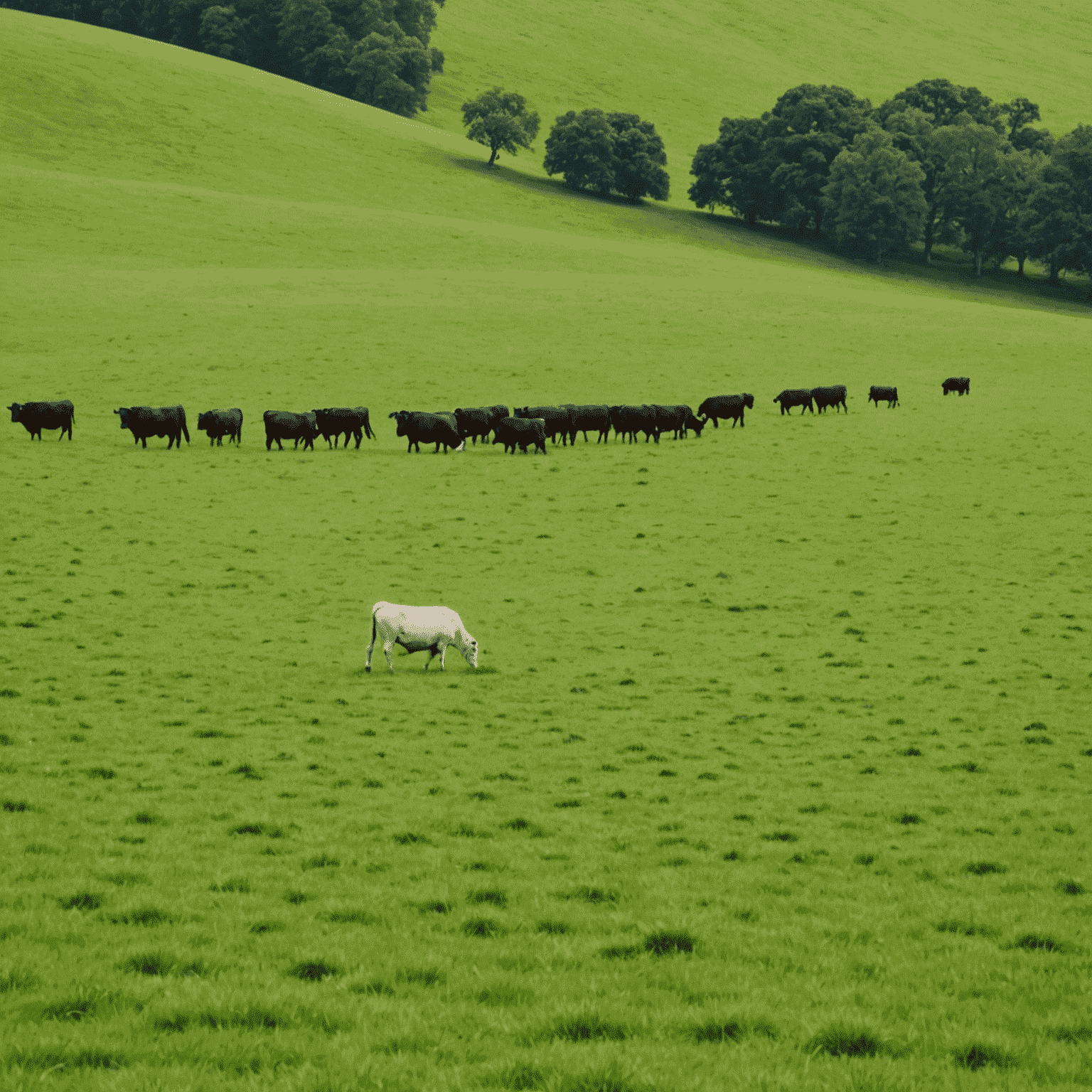 A lush green pasture with rolling hills, perfect for grazing bulls. The grass is thick and healthy, showcasing ideal pasture management techniques.