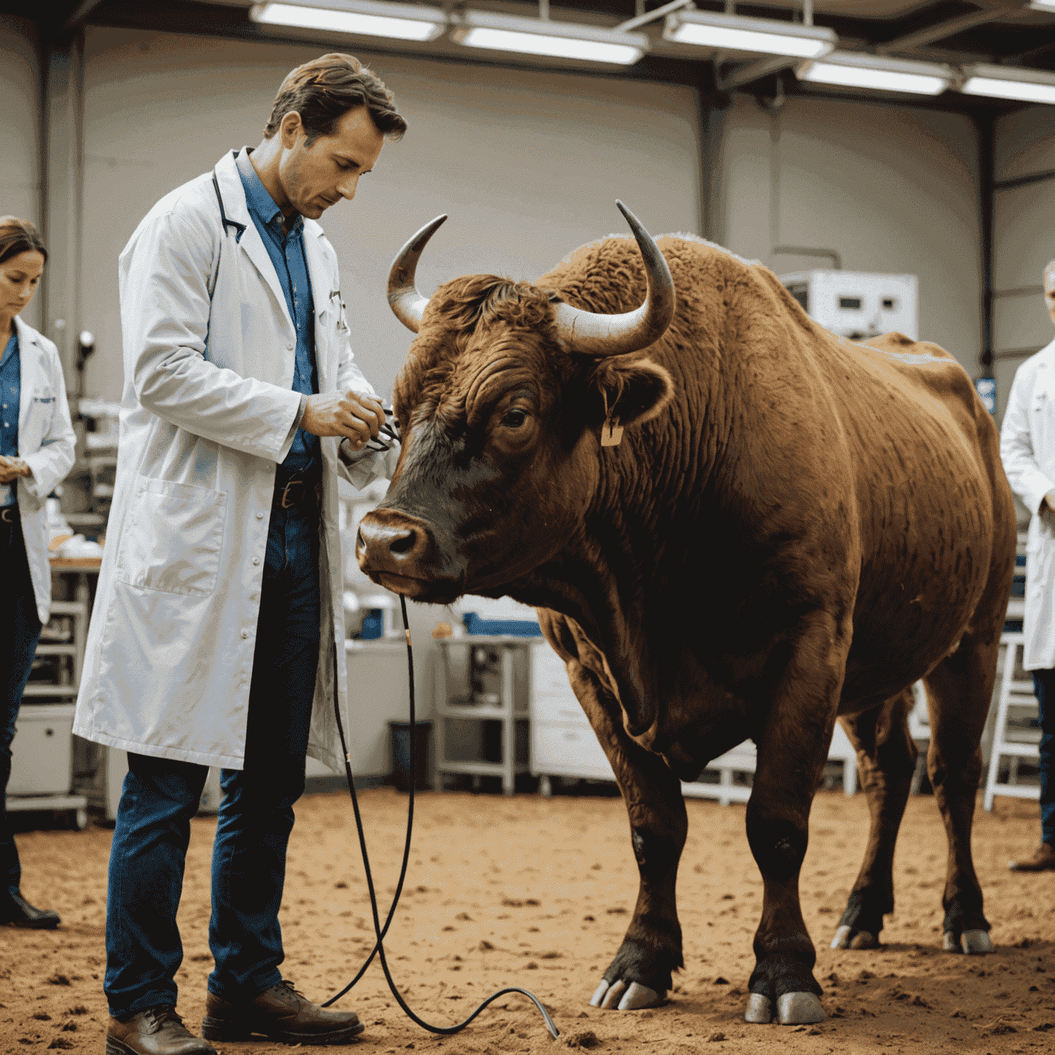 A veterinarian performing a health check on a large, muscular bull. The vet is wearing a white coat and using a stethoscope to listen to the bull's heart.