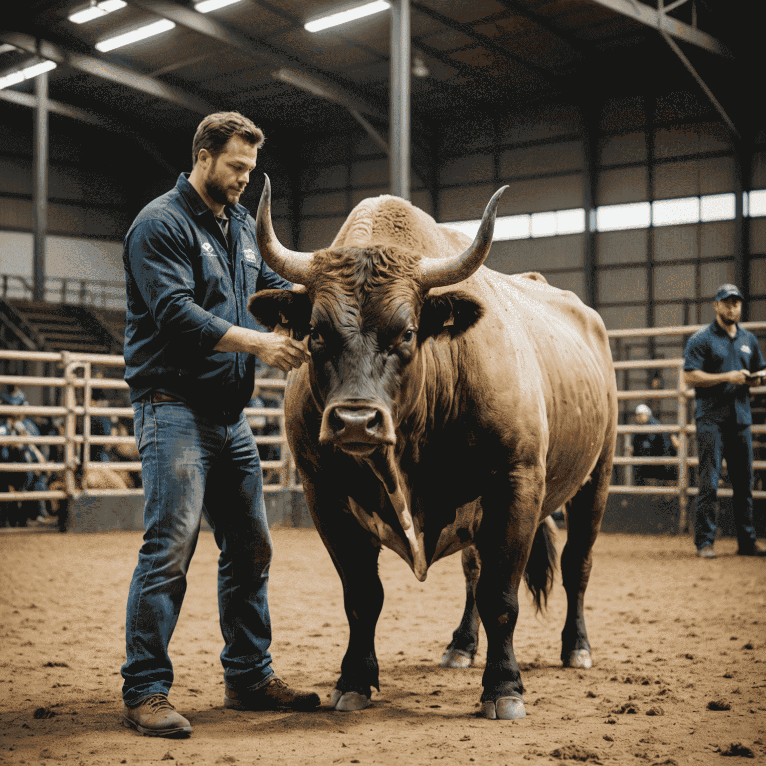 A professional trainer working with a large bull in a controlled environment, demonstrating safe handling techniques