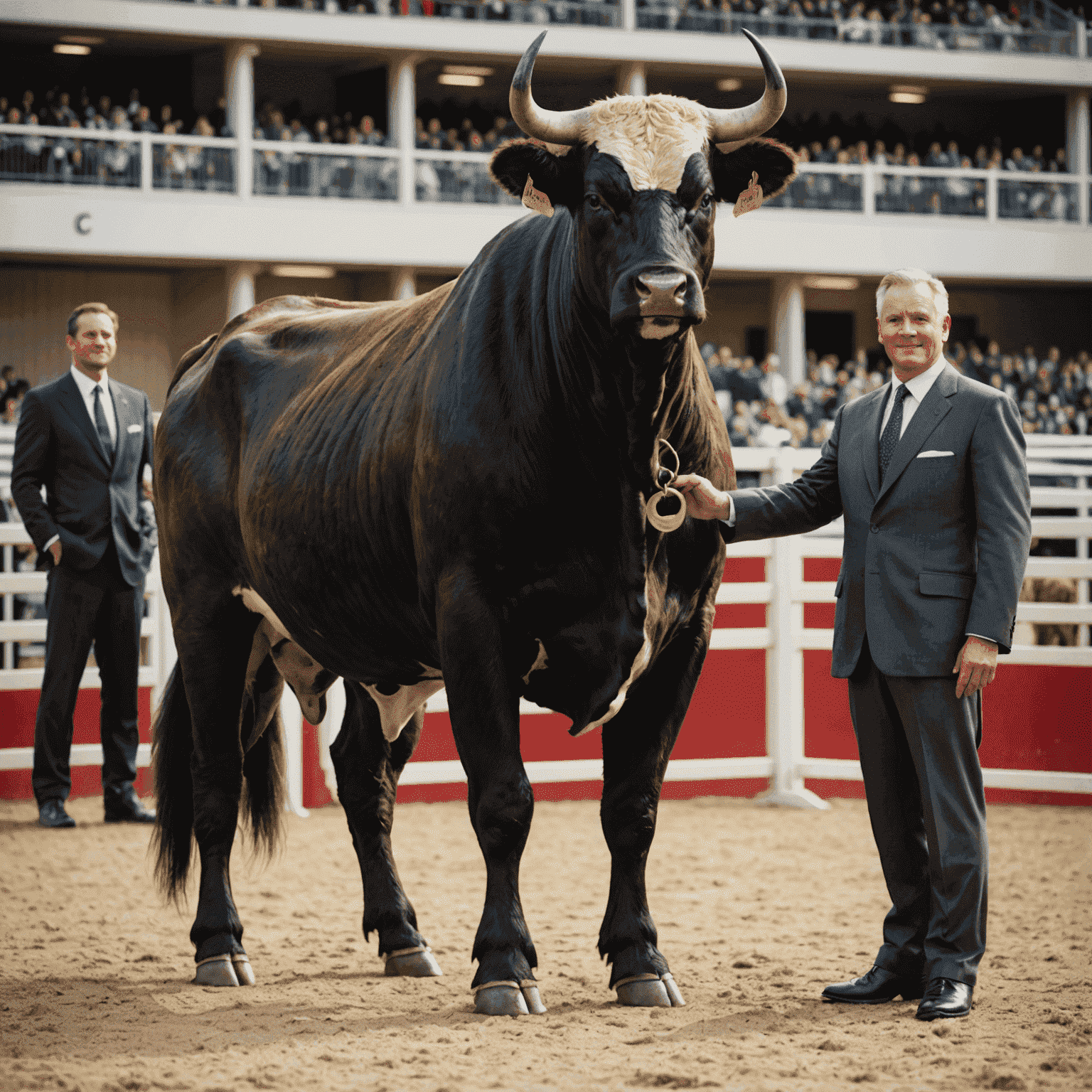 A well-groomed bull standing proudly in a show ring, with a handler dressed in formal attire standing nearby. The bull's coat is shiny and well-brushed, its horns are polished, and it has a confident stance.