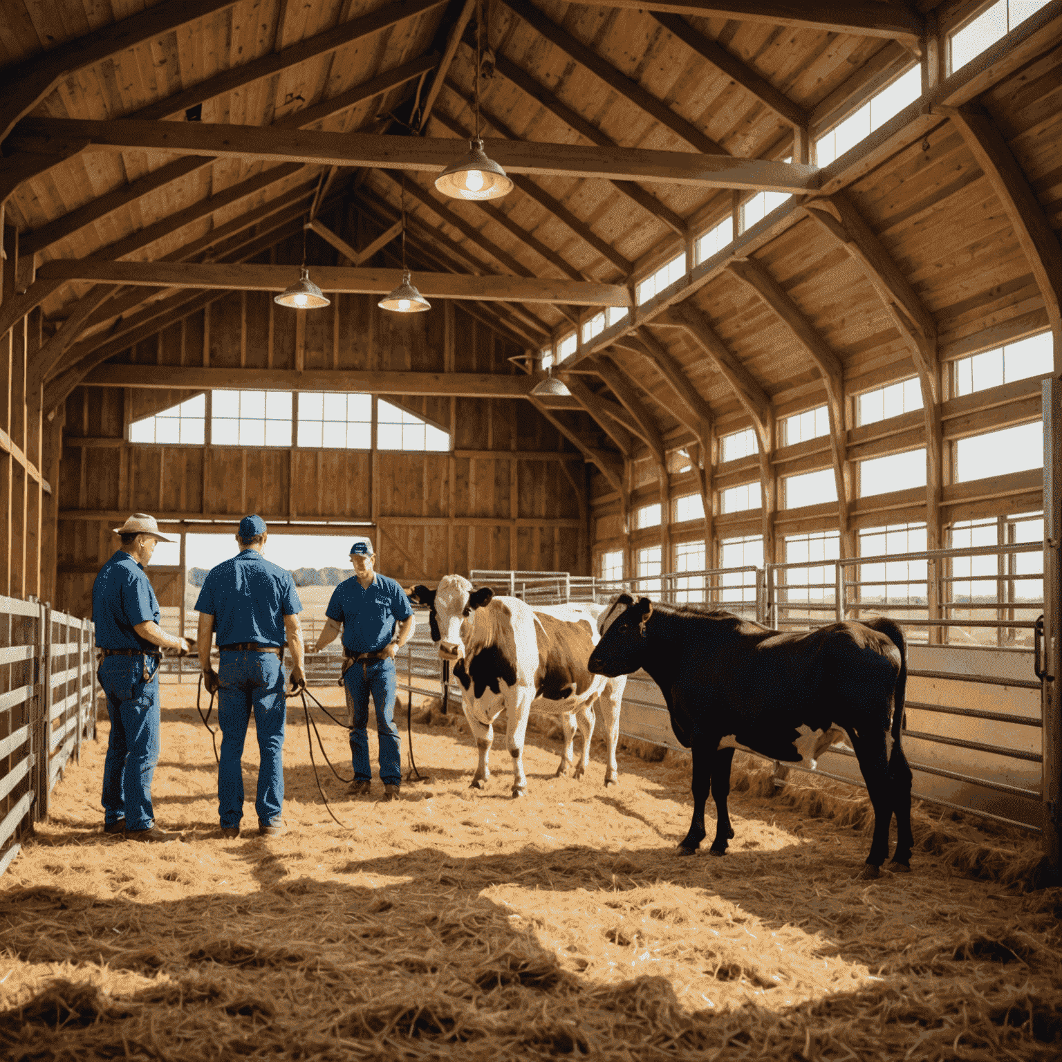 A modern barn facility with clean stalls and advanced equipment. A veterinarian is examining a Bullx while farm staff tend to other animals, demonstrating our comprehensive farm services.