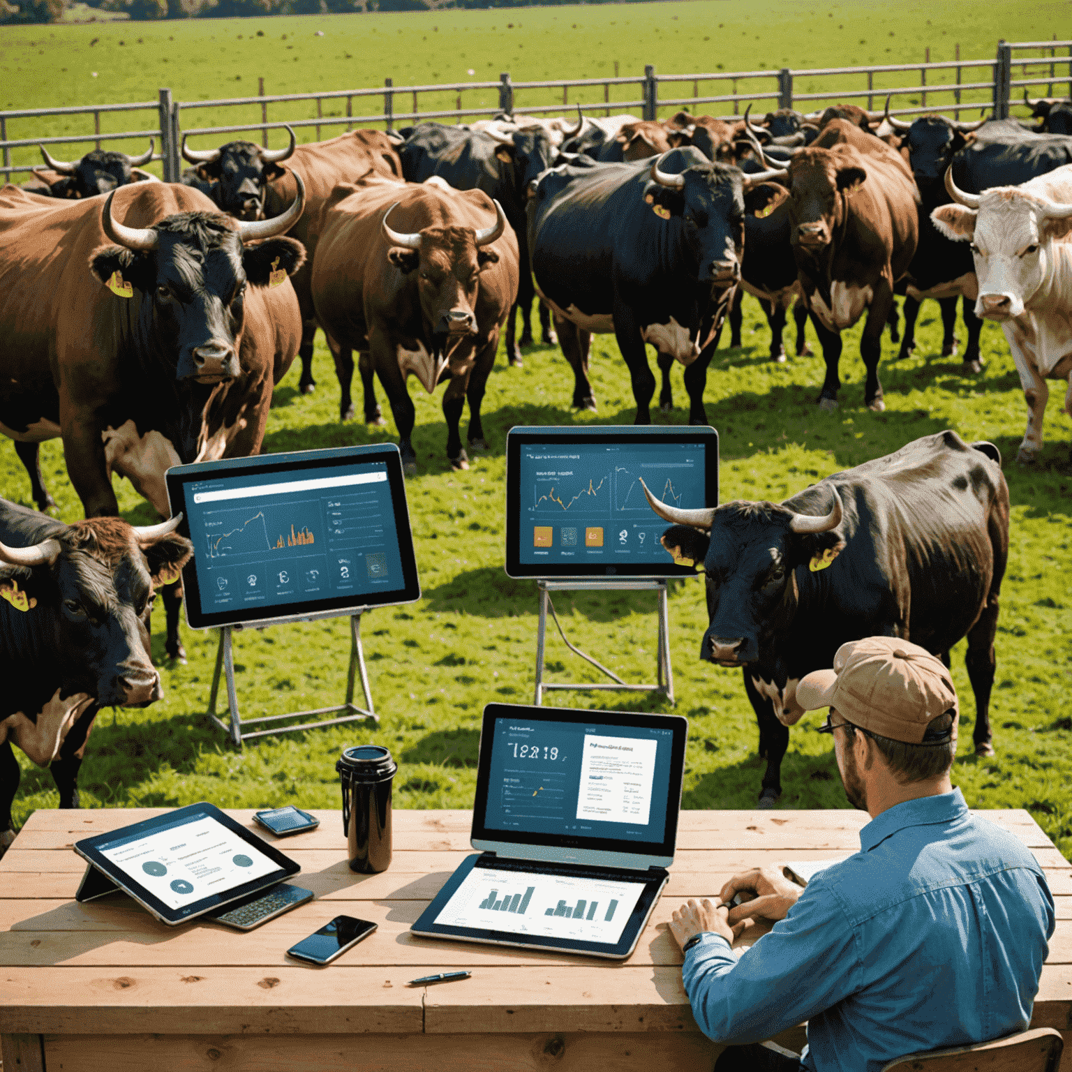 A modern farm setting with bulls wearing smart collars, surrounded by tablets displaying health data and breeding information, showcasing the integration of technology in bull management