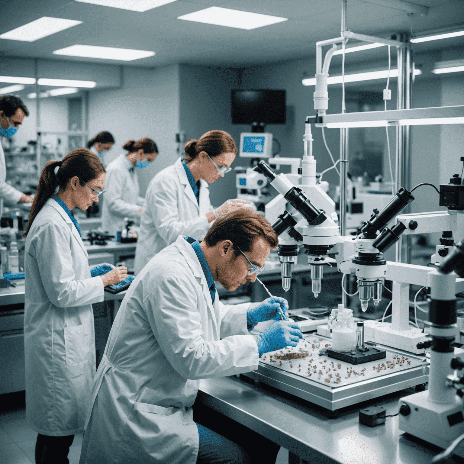 A laboratory setting with scientists working on in vitro fertilization for bull breeding, surrounded by high-tech equipment and microscopes