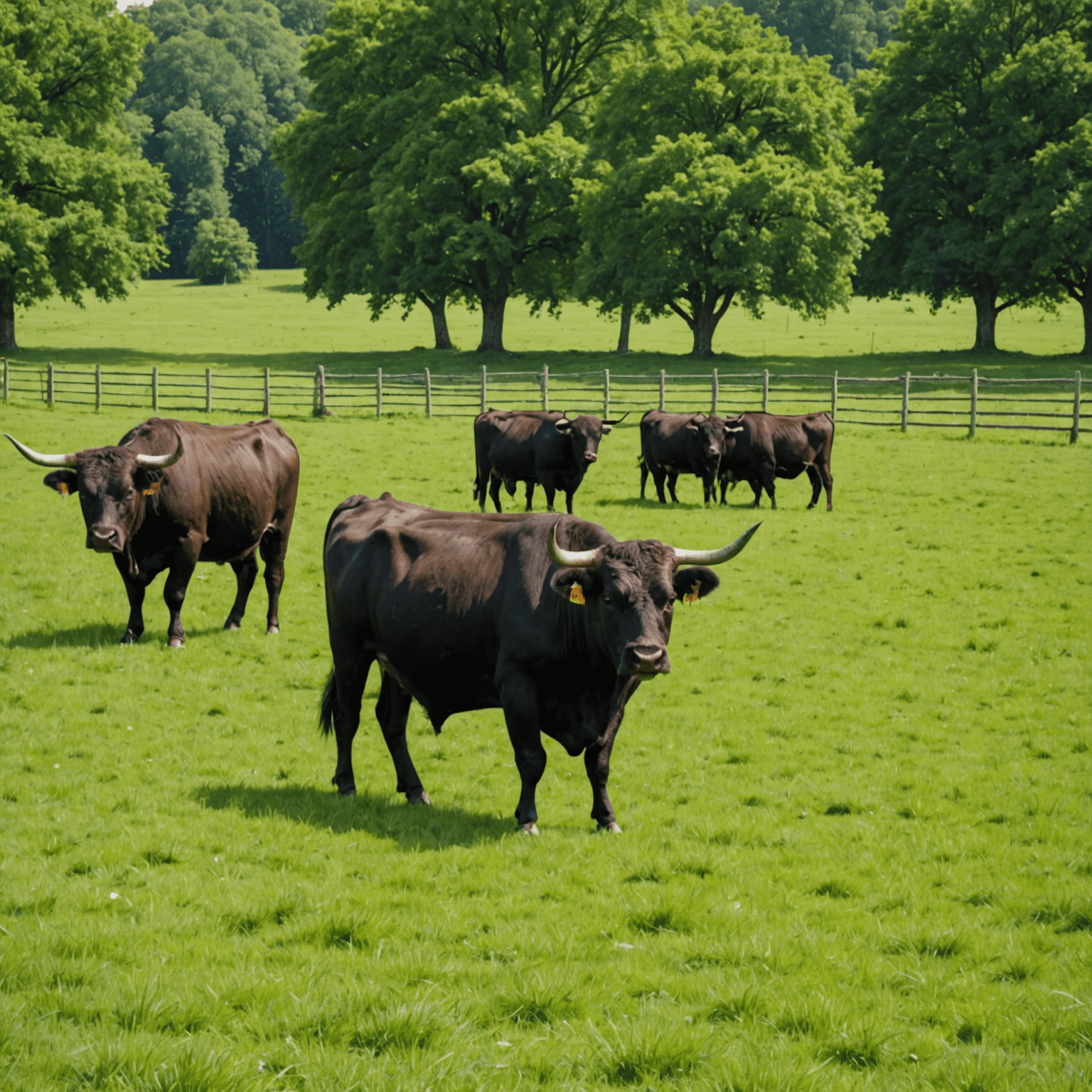 A lush green pasture with grazing bulls. Fencing and irrigation systems visible.