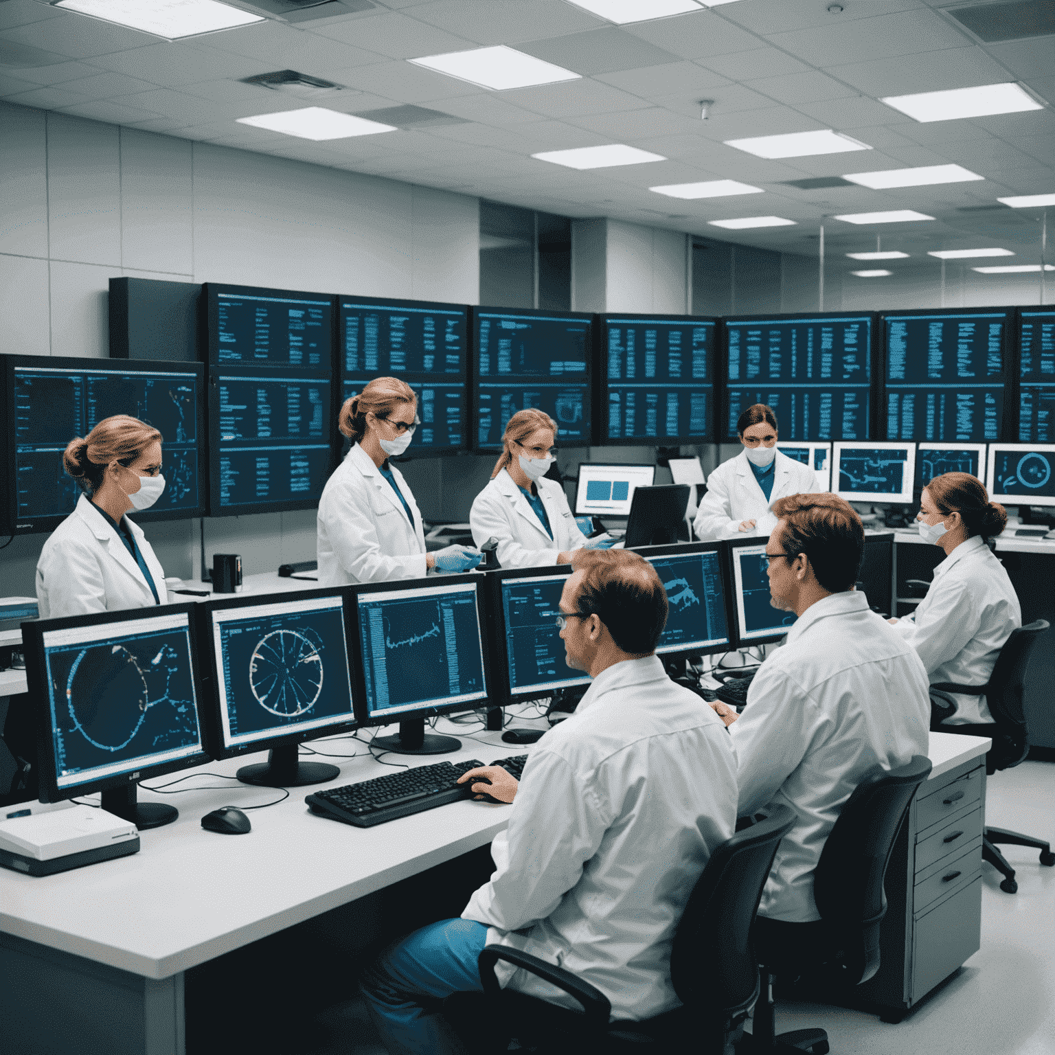 A modern laboratory setting with geneticists analyzing bull DNA samples. Computer screens display complex genetic data and bull pedigrees, illustrating the advanced technology used in our genetic selection process.