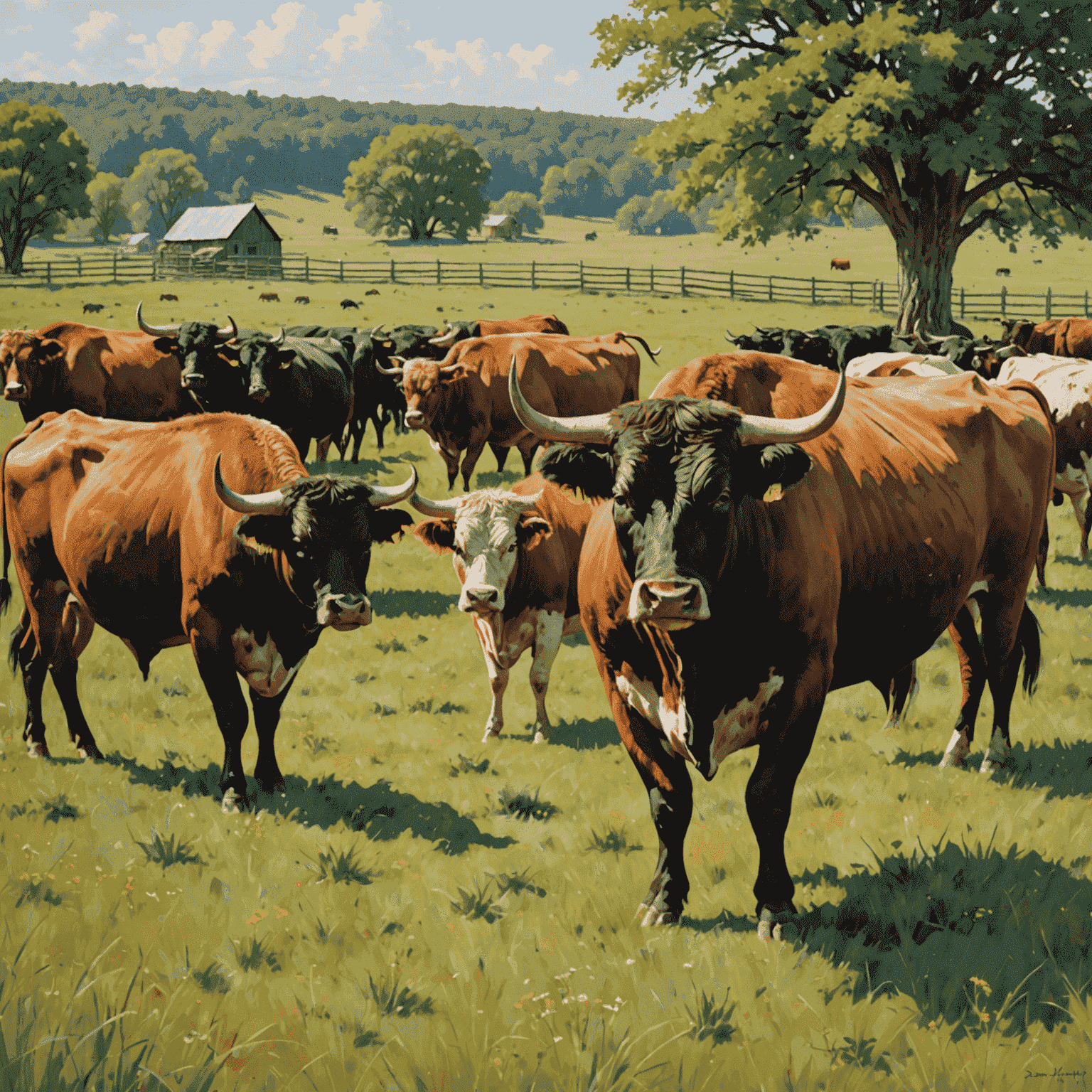 A group of healthy, muscular bulls grazing contentedly in a well-managed pasture. The animals look robust and the pasture shows signs of careful management with diverse plant species.