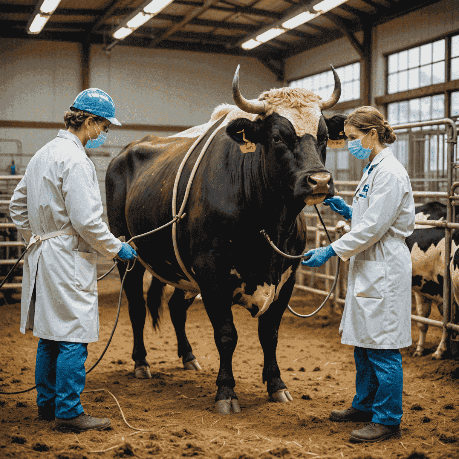 A team of veterinarians performing a specialized treatment on a bull. The bull is calm and well-handled, while the vets use advanced medical equipment.