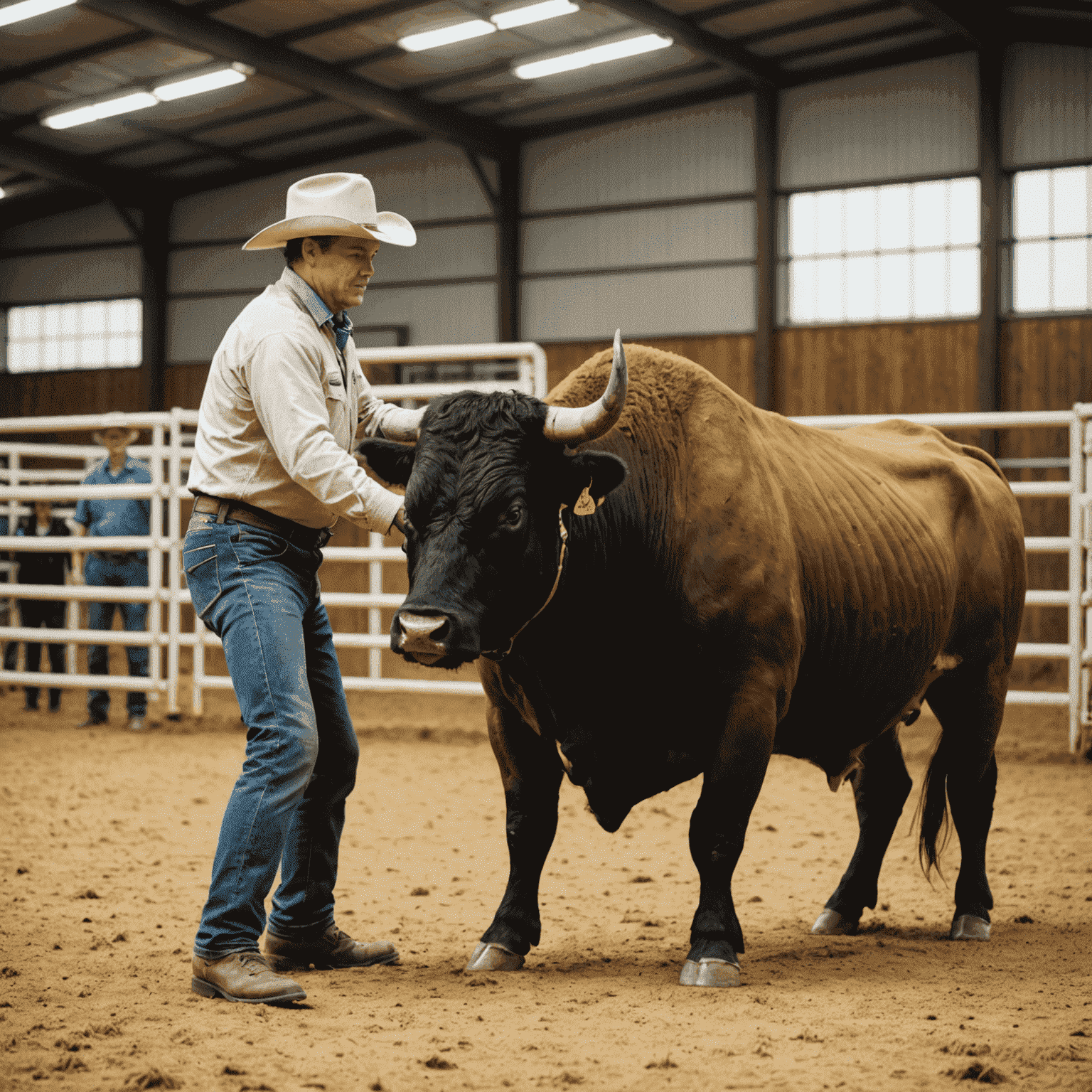 A handler demonstrating proper bull handling techniques in a spacious, well-equipped facility