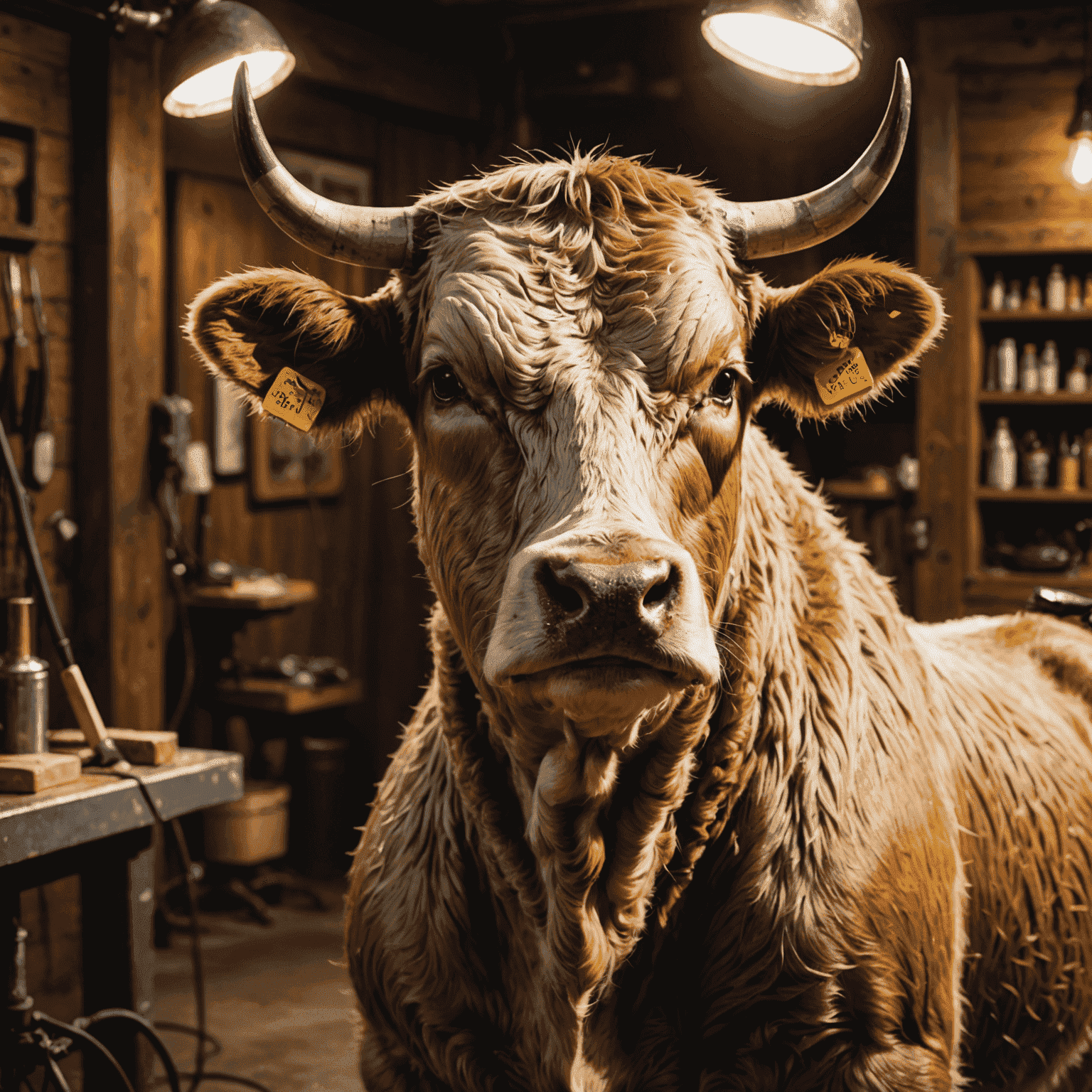 A Bullx being carefully groomed with specialized brushes and combs, its coat gleaming under the lights.