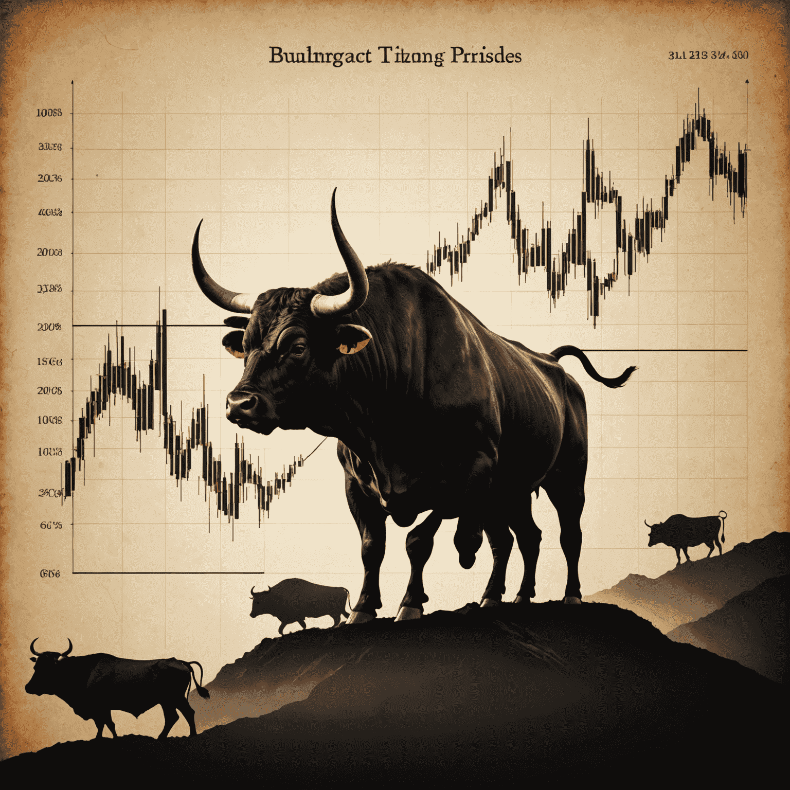 Graph showing rising trends in bull market prices, with silhouettes of bulls in the background