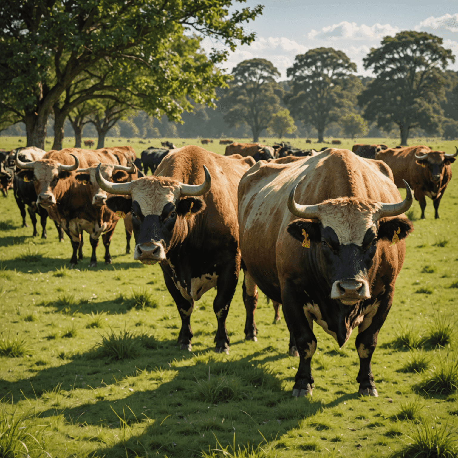 A group of robust BullX bulls grazing in a lush pasture, showcasing their adaptability to different environmental conditions