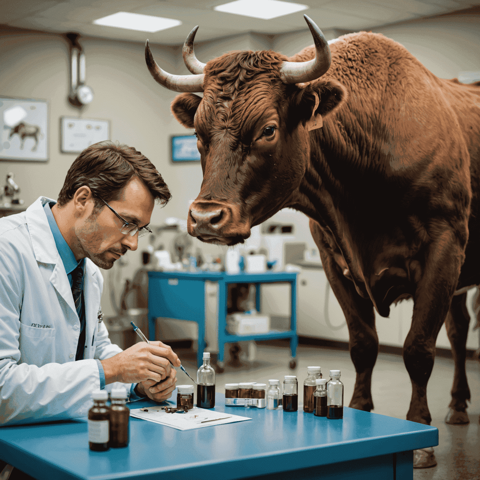 A veterinarian examining a bull. Medical equipment and medicine vials in the foreground.