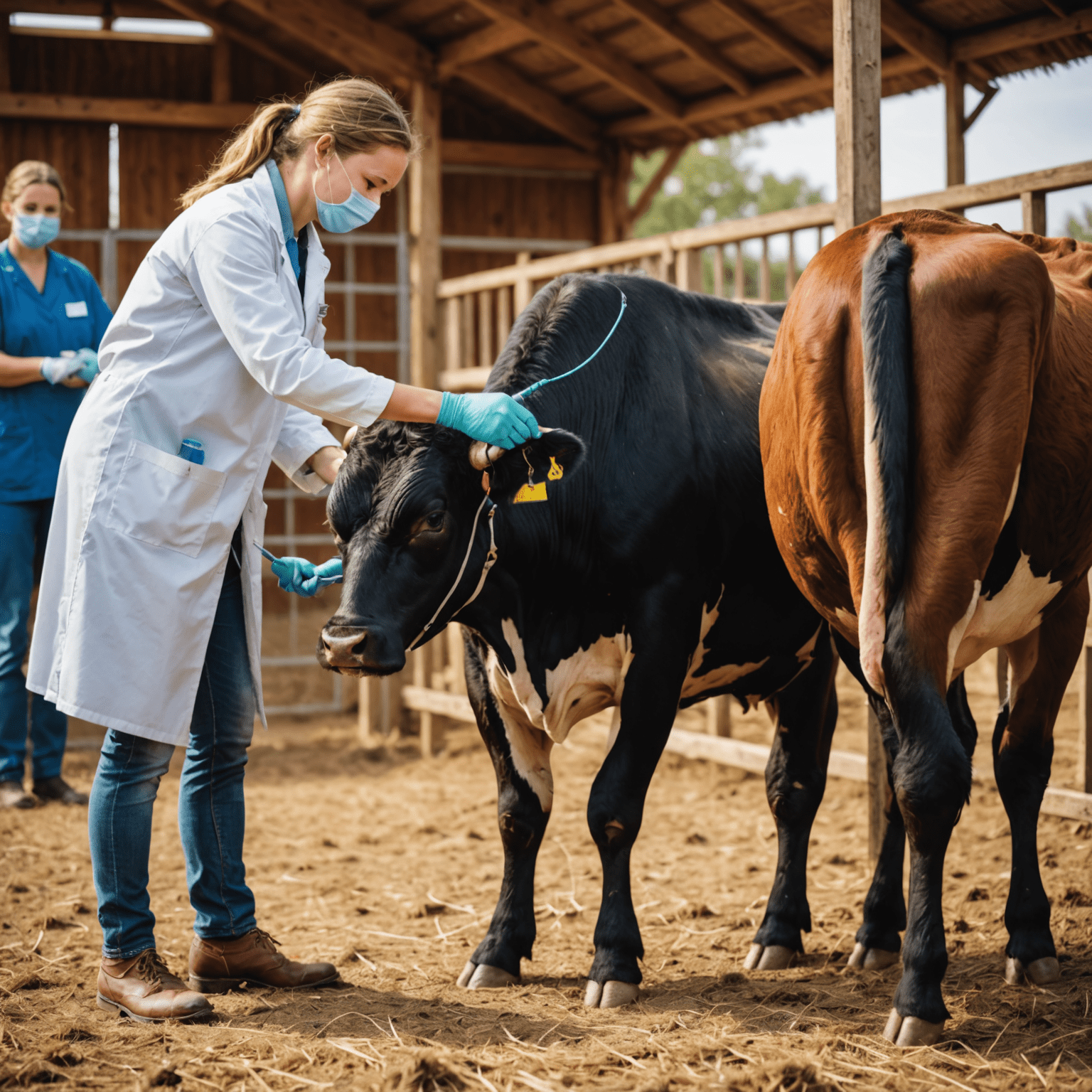 A veterinarian administering a vaccine to a young bull. The image shows gentle handling and state-of-the-art vaccination equipment.