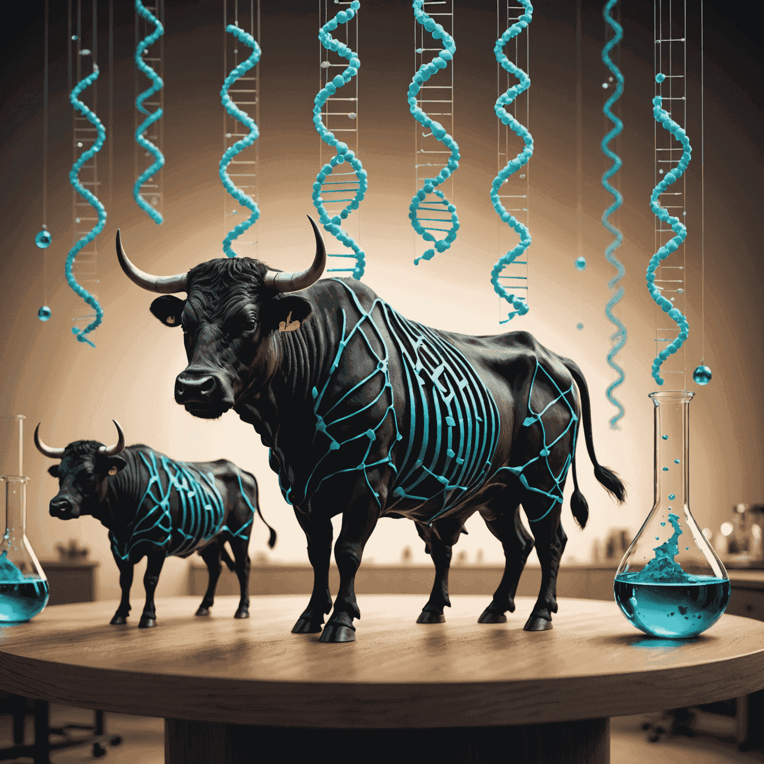 Modern laboratory setting with DNA strands and bull silhouettes, representing breeding innovations