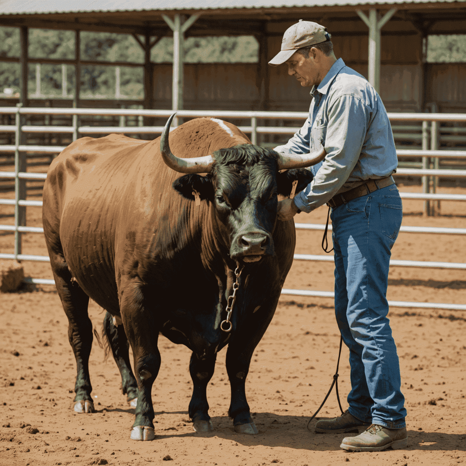 A trainer working with a bull in a training pen. Safety equipment and training tools visible.