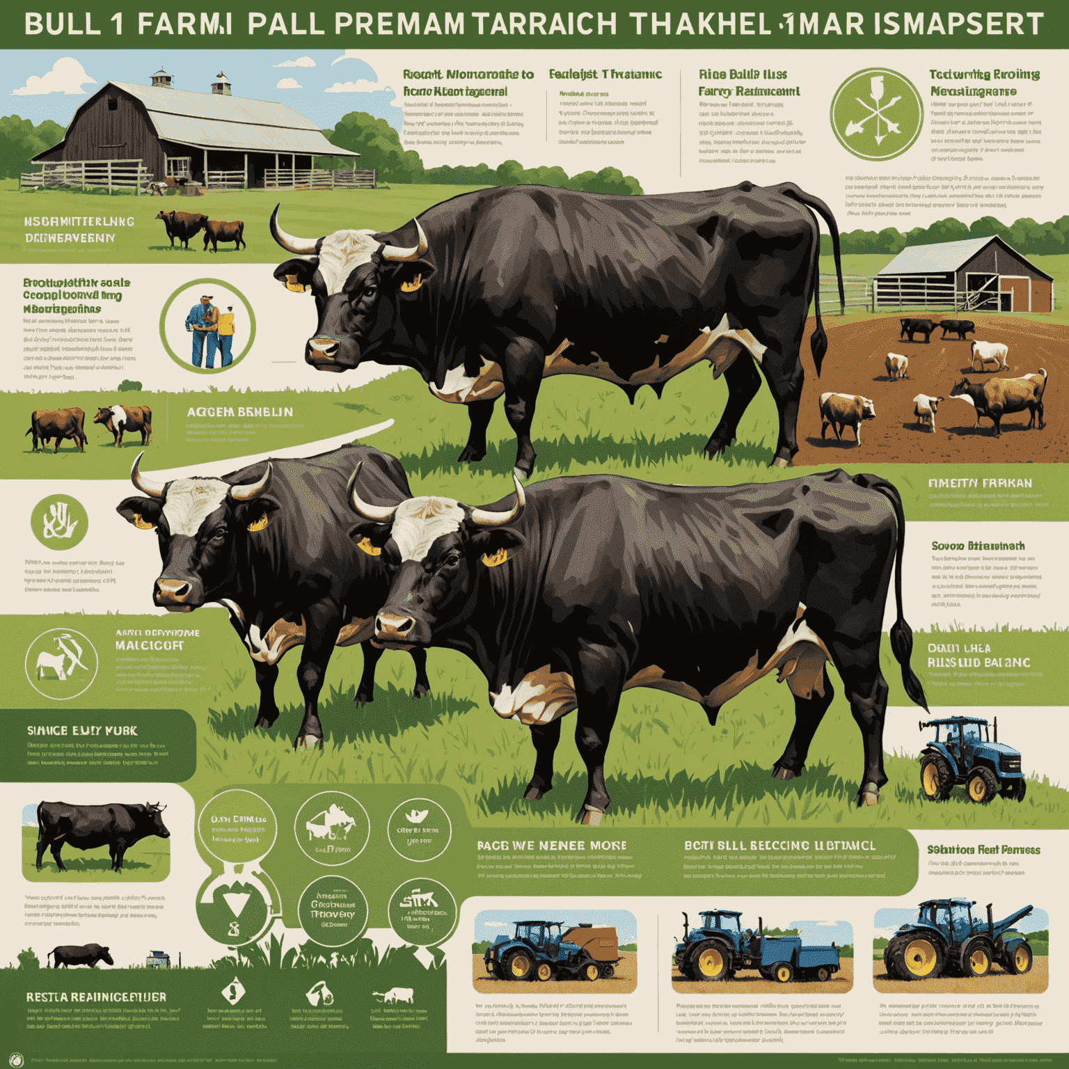 Infographic showing various aspects of bull farm management, including feeding, health care, and facility maintenance