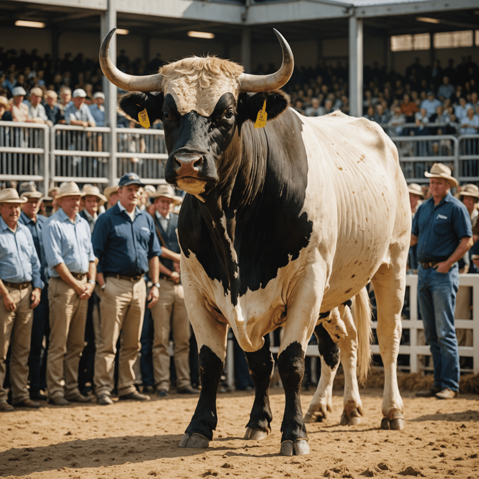 A well-groomed bull being presented at a show. Judges and audience in the background.